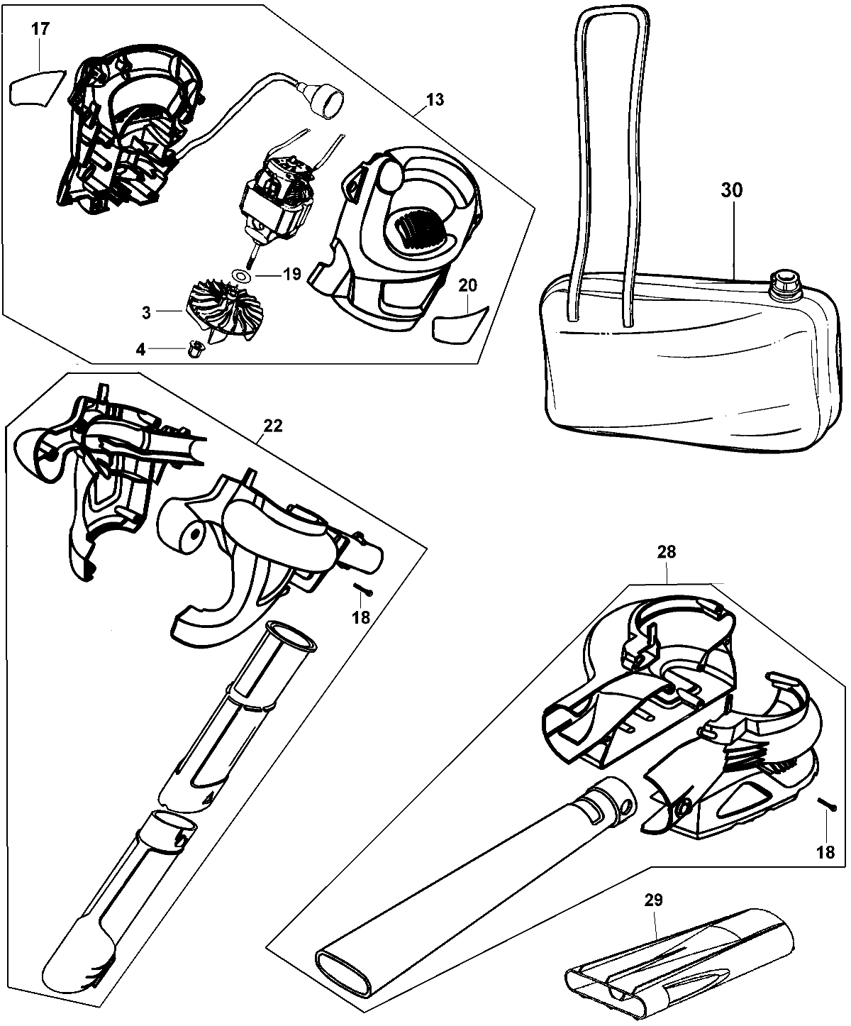 Default 2 Diagram and Parts List for BV4000A Type 4 Black and Decker Leaf Blower / Vacuum